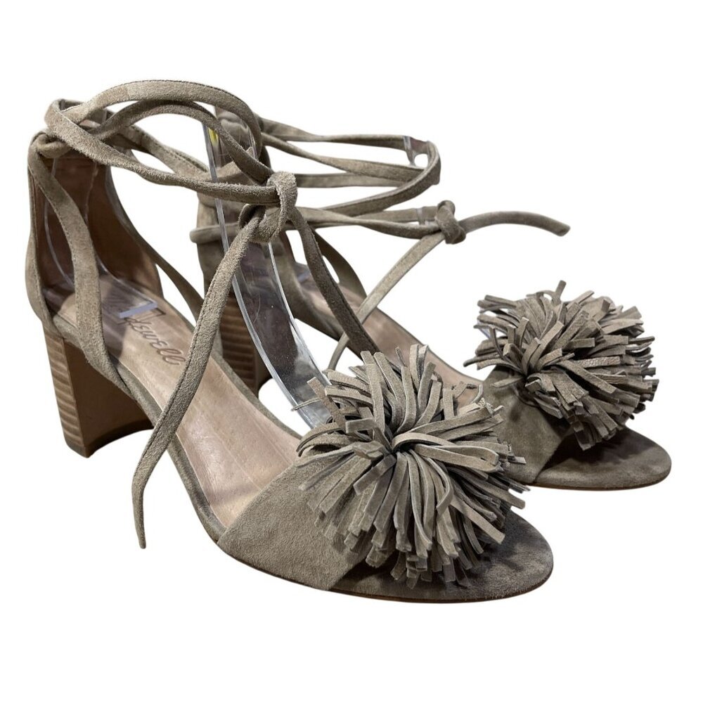 Madewell Kaia Ankle Wrap Sandal Block Heel Size 6 Tassel Pom Taupe